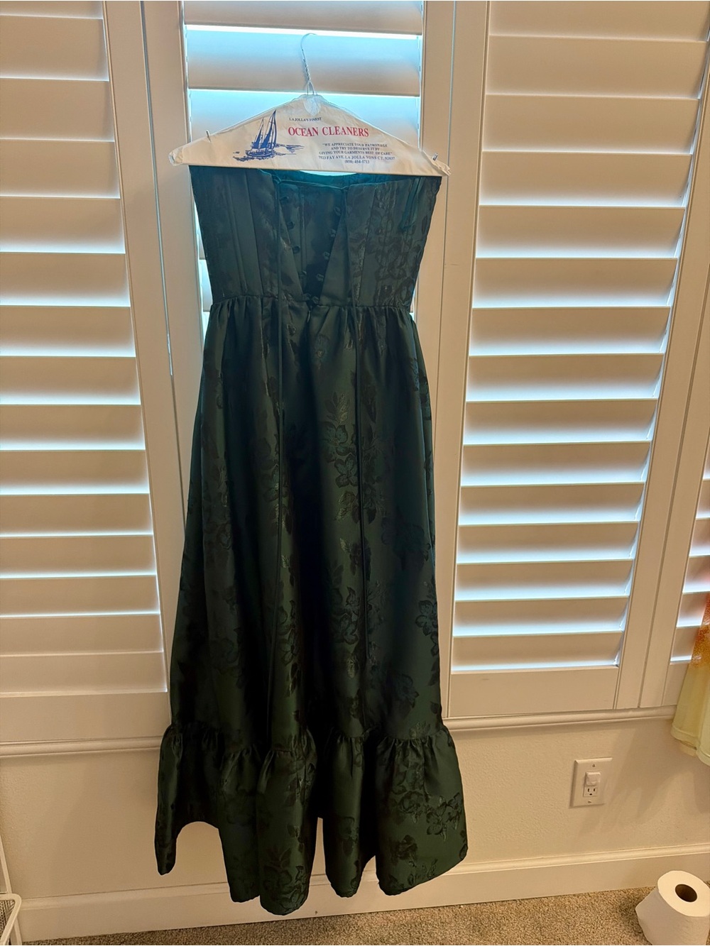 V. Chapman Charlotte Dress Strapless Dark Green Jacquard Gown with High Slit - Picture 4 of 7